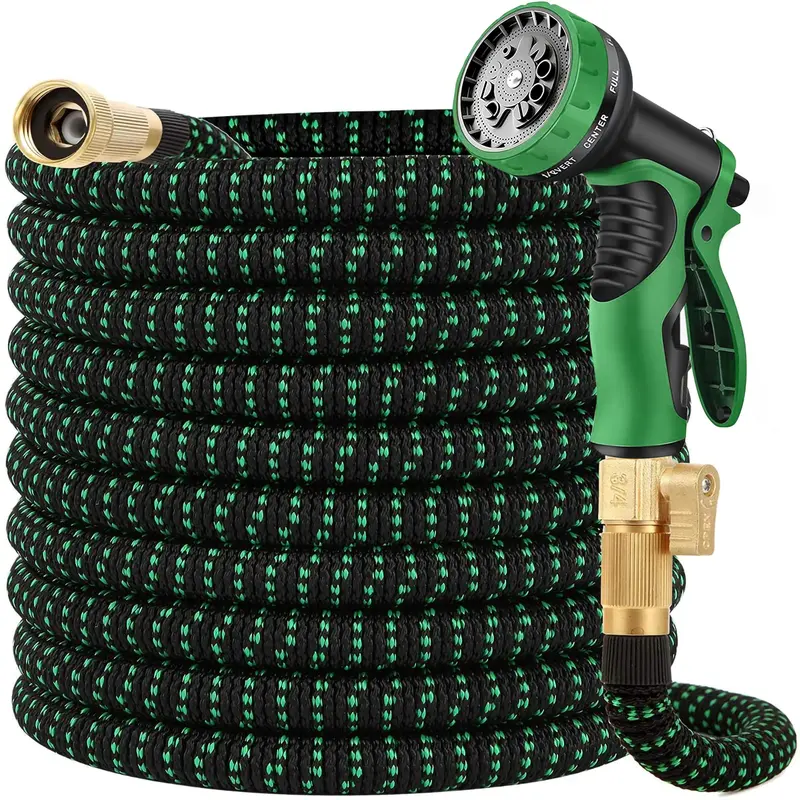 100-Foot Expandable Garden Hose With 10-Setting Nozzle – Kink-Free, 4-Layer Latex Core, Solid 3/4" Fittings 1