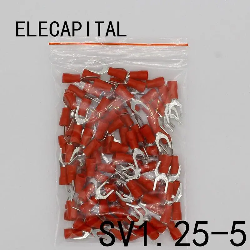 100-Piece Red Insulated Fork Crimp Terminals For Awg 22–16 (Sv1.25-5) 1