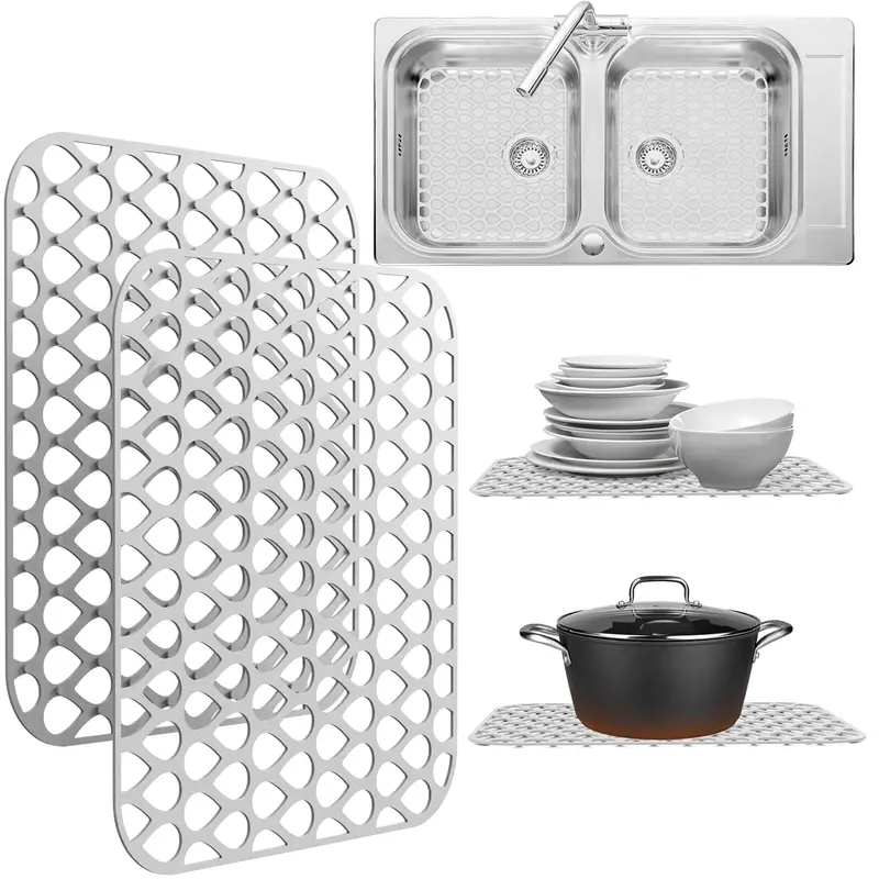 2-Pack Non-Slip Silicone Sink Mats – 13.4" × 11.4" Eco-Friendly, Stain-Resistant Kitchen Sink Protectors (White) 1