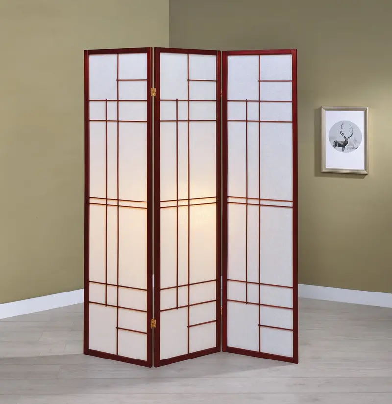 3-Panel Folding Room Divider Screen – White & Cherry Finish Privacy Partition 1