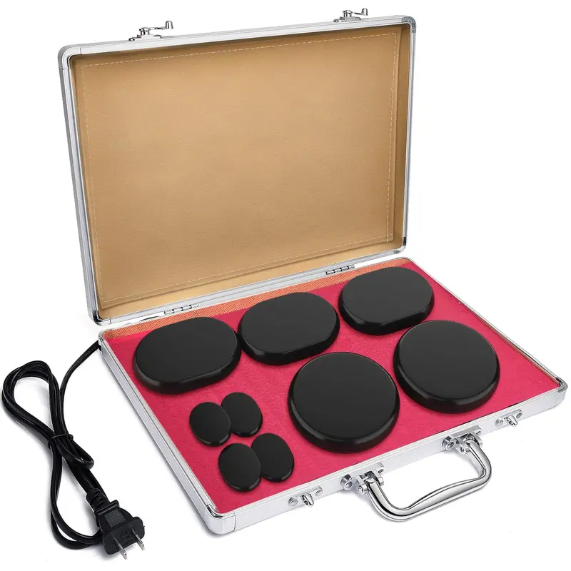 9-Piece Professional Hot Stone Massage Set – Four-Size Basalt Stones With Digital Warmer For Full-Body Therapy & Pain Relief 1