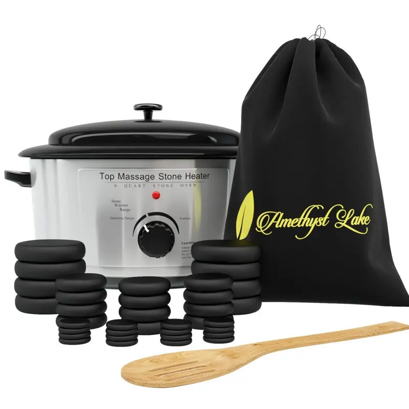 Amethyst Lake Hot Stone Massage Kit – 36 Basalt Stones + 6-Quart Warmer Pot, Portable Spa Set With Velvet Bag & Wood Spatula 1