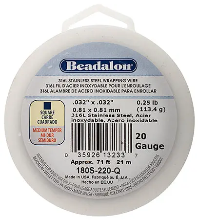 Beadalon 316L Stainless Steel Square Wire, 20 Gauge, 1/4 Pound (71 Feet) 1