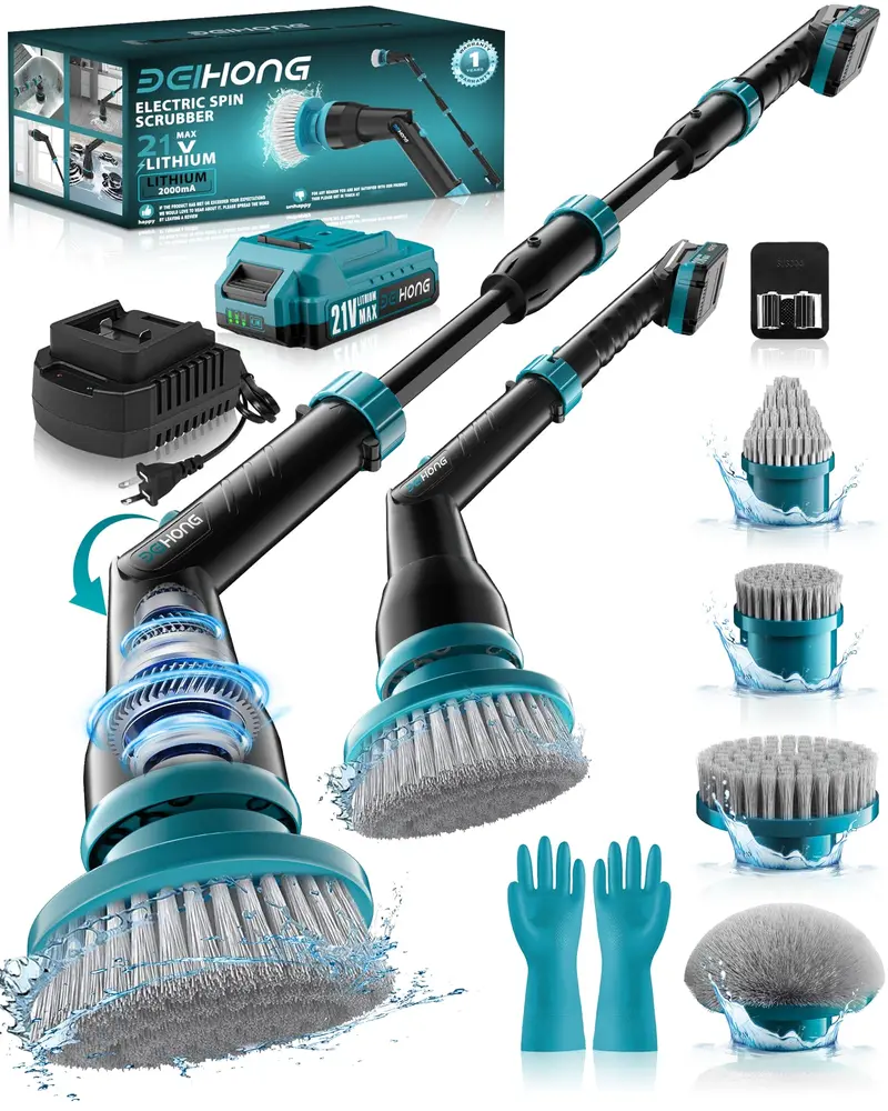 Bei & Hong Cordless Electric Spin Scrubber – 1000 Rpm, 2.5-Hour Battery, Adjustable Arm & 4 Interchangeable Brush Heads 1