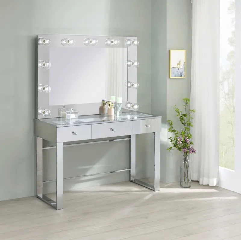 Chrome-And-White 3-Drawer Vanity Set With Hollywood Regency Mirror Design 1