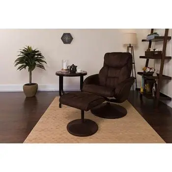 Contemporary Brown Microfiber Recliner Set – Multi-Position Chair With Matching Ottoman & Circular Wrapped Base 1