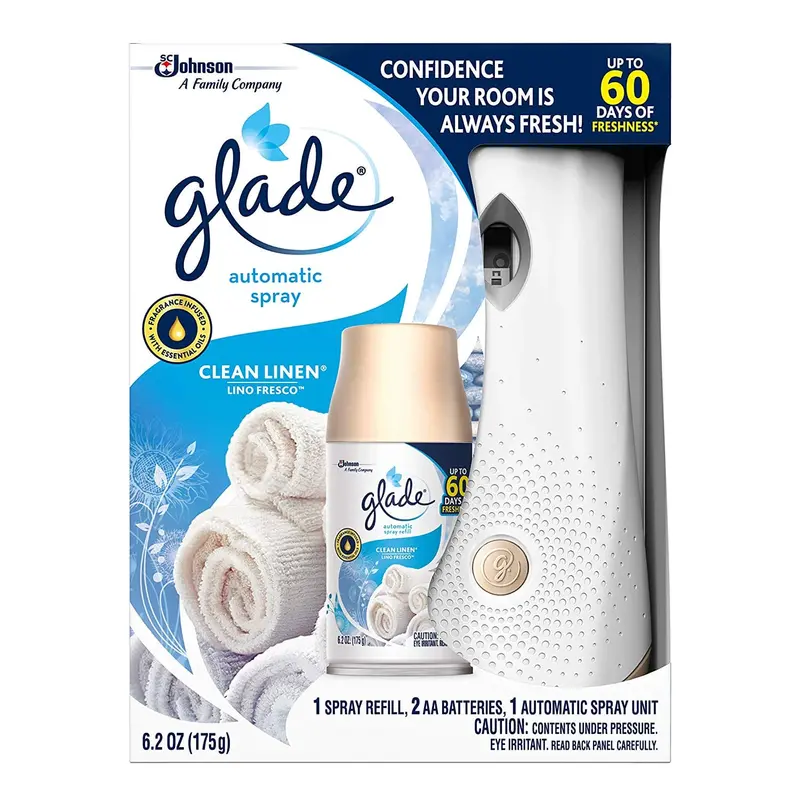 Glade Clean Linen Auto-Spray Kit – Battery-Powered Car Air Freshener System With Refillable Canister 1