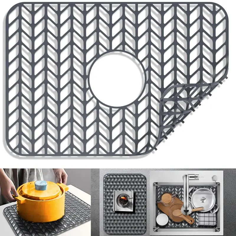 Jiubar Silicone Sink Grid Protector – 18.2" × 12.5" Farmhouse Sink Mat With Center Drain & Heat-Resistant Design (Grey) 1