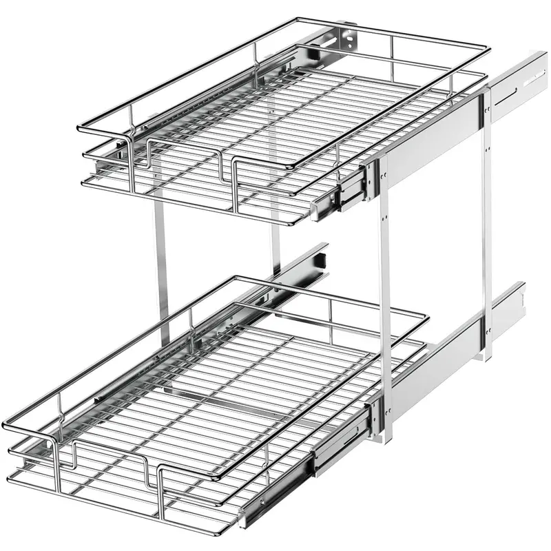 Lovmor 2-Tier Pull-Out Cabinet Organizer – 11"W × 21"D Slide-Out Kitchen Storage Shelf Set 1