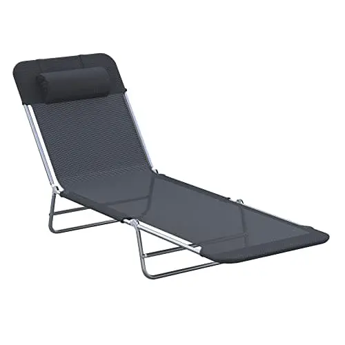 Outsunny Steel-Frame Folding Chaise – Breathable Mesh Sun Lounger With Pillow And Multi-Angle Recline For Yard Or Poolside 1