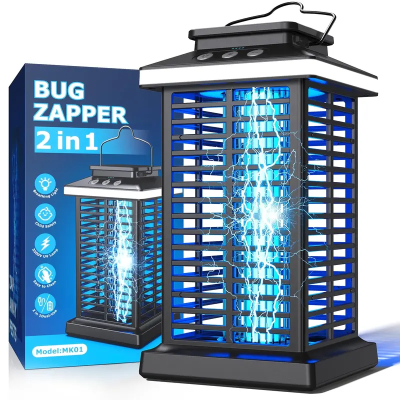 Rechargeable 2-In-1 Outdoor Bug Zapper – 4000Mah Battery, 4000V Grid + Led Night Light For Gardens, Decks & Backyards 1