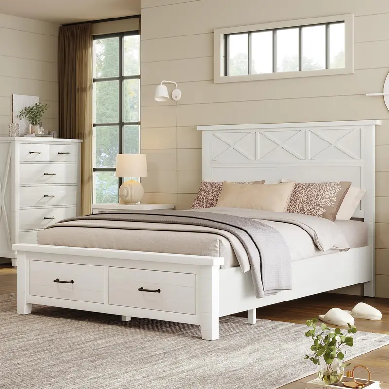 Rustic Farmhouse Queen Platform Bed With Integrated Storage Drawers – White Finish 1