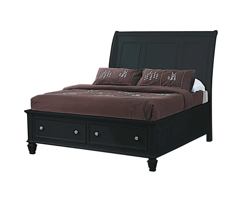 Sandy Beach California King Sleigh Bed – Black Storage Bed With Flared Headboard & Dual Built-In Footboard Drawers 1