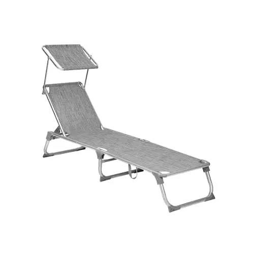 Songmics Foldable Sunbed With Canopy – Lightweight Aluminum Recliner, 150 Kg Capacity, Grey & White 1