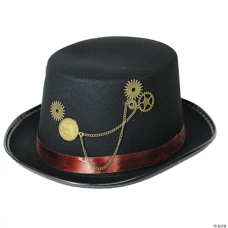 Steampunk-Inspired Black Hat With Red Band And Gold Chain Accents 1