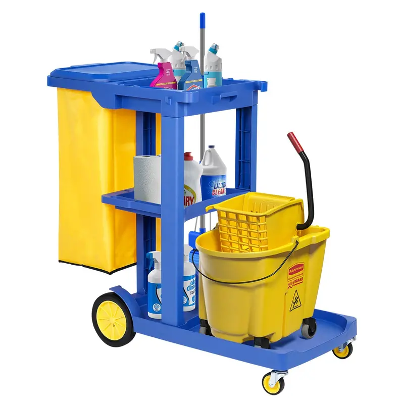 Tonchean Heavy-Duty 3-Shelf Janitorial Cleaning Cart – 200 Lb Capacity, Wheeled With 22-Gallon Yellow Vinyl Bag & Lid (Blue) 1