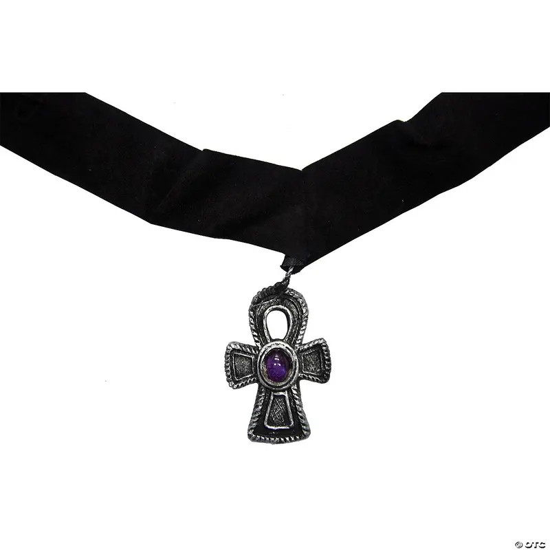 Velvet Choker With Cross Pendant And Amethyst-Tone Gem 1