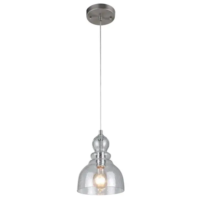 Westinghouse 6100700 Brushed Nickel Mini Pendant Light – Hand-Blown Clear Seeded Glass Indoor Fixture 1
