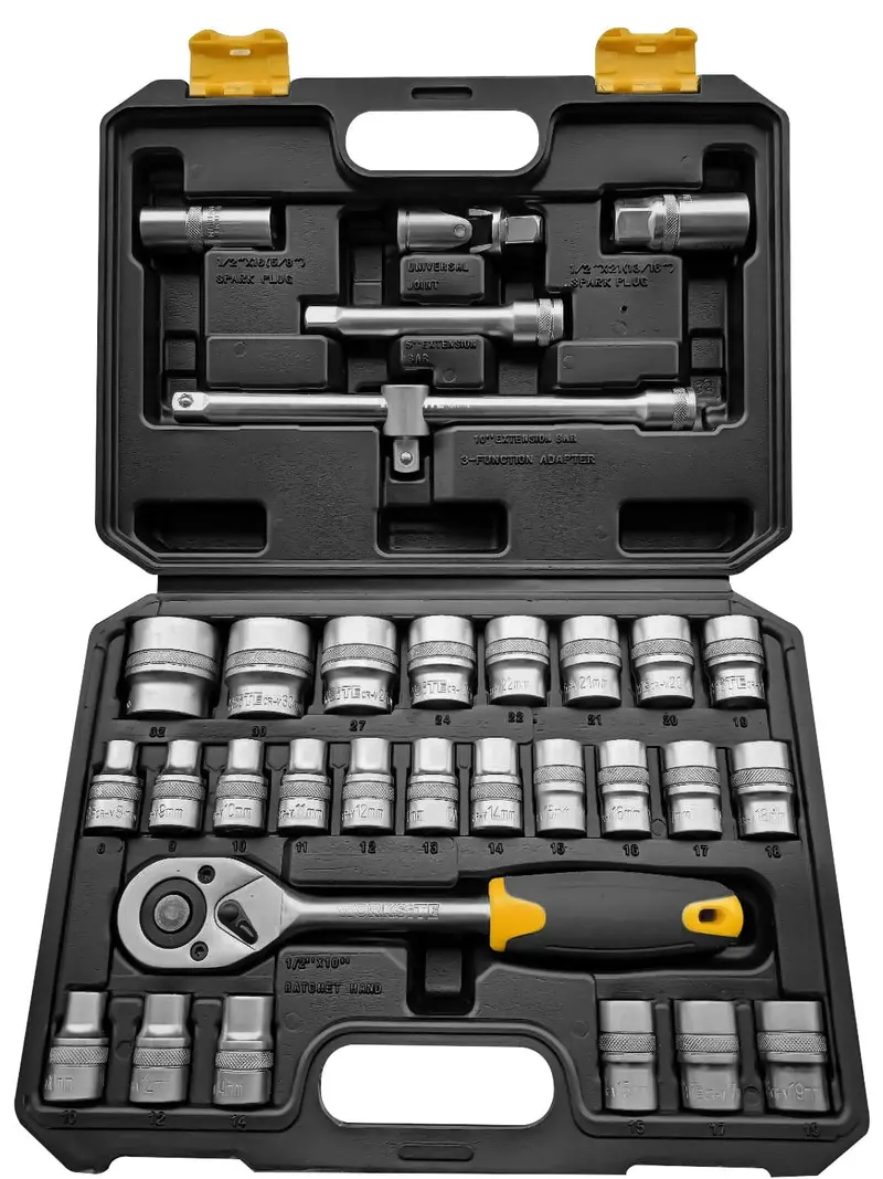 Worksite 32-Piece 1/2" Drive Socket Set – Includes Ratchet, Extensions, Spark Plug Socket, And Universal Joint 1