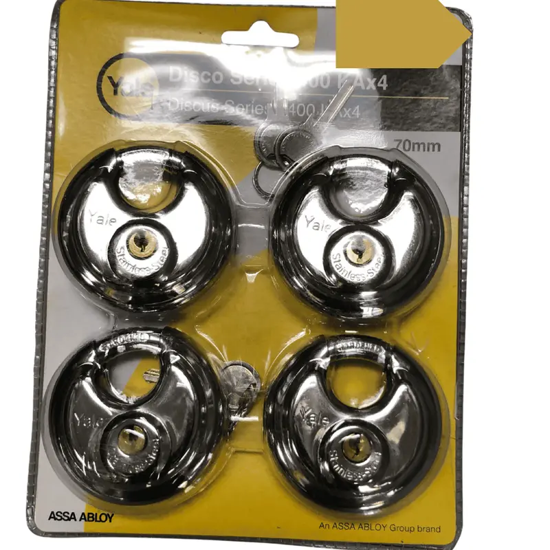 Yale Essential Discus Padlock Pack – Four 70Mm Weatherproof Brass Locks For Gates, Sheds & Storage (Model 0010722) 1