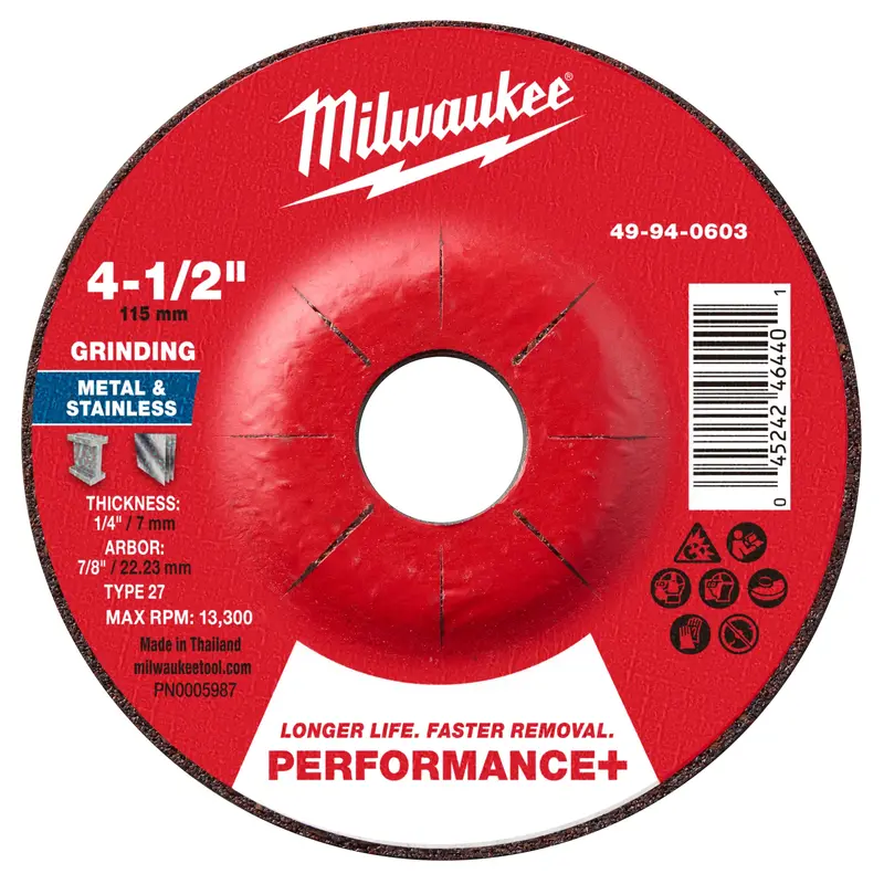 Milwaukee Performance+ 4-1/2-Inch Metal Grinding Wheel — Type 27, 1/4-Inch Arbor (49-94-0603) 1